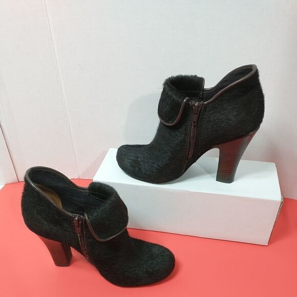 Fossil Ladies Sz 6 Brown Calf Hair Zipper Blocked Heel Booties - Picture 2 of 10